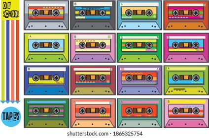 old school cassette tapes graphic elements 80's colors	