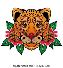 old school cheetah and rose tattoo, vector EPS 10