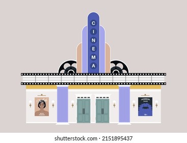 An Old School Cinema Building Entrance, Movie Posters And Lights