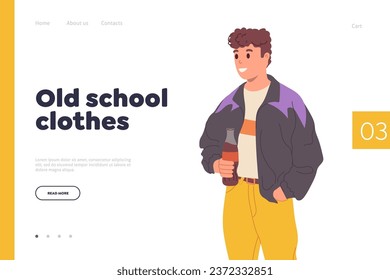 Old school clothes landing page template with trendy fashion guy wearing casual everyday attire
