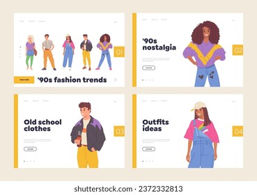 Old school clothes for man and woman, 90s fashion style casual attire isolated landing page template