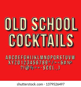 Old school cocktails 3d vector lettering. Retro bold font. Pop art stylized text. Vintage style letters, numbers, symbols pack. 80s poster, banner, invitation typography design. Red color background