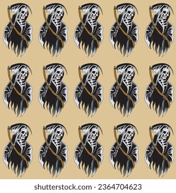 Old school colorful grim reaper tattoo pattern with beige background