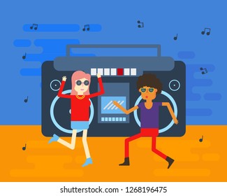 old school couple enjoyed music from vintage radio. flat design vector illustration.