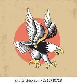 Diseño del tatuaje del águila de la vieja escuela, coloreado con el sol detrás, fondo de papel antiguo.