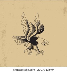 Old school eagle, tattoo, shaded, black, pointillism, american bald eagle. old paper.