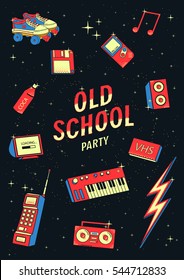 old school elements set. retro and disco illustration with synthesizers, tape recorder, phone 