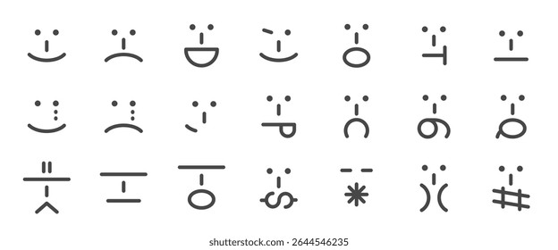 Old school emoticons icon set. It included text face, emoji, emoticon, facial expression, and more icons. Editable Vector Stroke.
