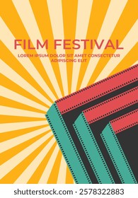 Old school film festival poster design with folded colored filmstrips. Minimalist movie poster in retro style. Vector illustration