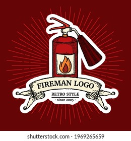 Old school Firefighter Logo Concept. Vintage fire extinguisher and engraved ribbon with outline and shadow, modern color retro style. Security Logotype isolated with Shadow and Ray. For Print, Tattoo