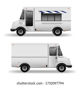 Old school Food Truck - Mockup set isolated on grey. Mobile kitchen van. Corporate identity element. White Service Delivery Truck blank surface