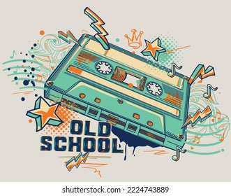 Old school - funky colorful music audio cassette design with notes and graffiti arrows