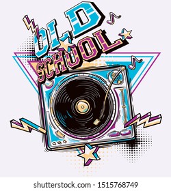 Old school - funky drawn musical turntable emblem