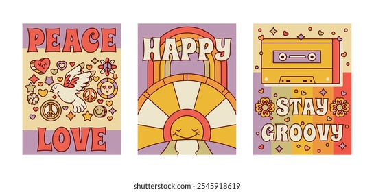 Old school funny posters. Retro hippie psychedelic placards, vintage 70s groovy design flat vector background illustration set. Cartoon groovy backdrops