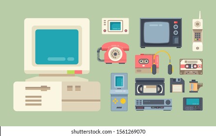 Old school gadgets flat vector illustrations set. 90s devices isolated cliparts color pack on green background. Retro tv, computer, cellular telephone. Vintage electronics design elements collection