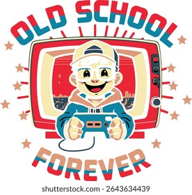 Old School Gamer Forever Retro Cartoon T-Shirt Design