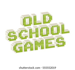 Old School Games Text In Style Of Old 8-bit Video Games. Vibrant 3D Fun Pixel Letters. Vector Illustration. Flyer, Poster Template. Computer Program Screen