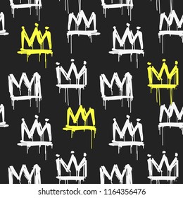 Old school graffiti style white and yellow crown tags vector seamless pattern. Hand drawing spray paint design on black background for print fabric, tee, wrapping paper  and textile