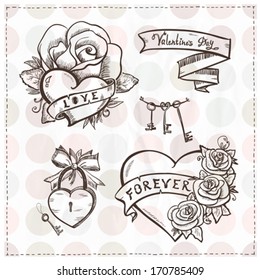 Old school graphic hearts with roses and ribbons. Eps10