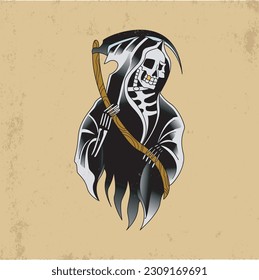 old school grim reaper tattoo with a scythe, colorful tattoo, skull tattoo, death.