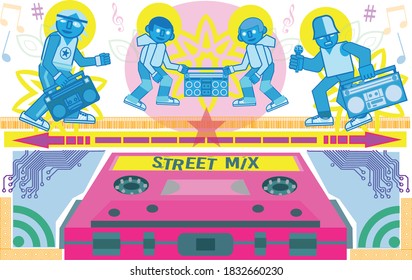 old school hip-hop dancers holding boomboxes dance on cassette tape very graphic 1980's colors	
