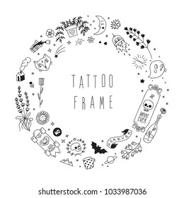 Old school hipster black tattoo vector circle frame illustration. Part one.