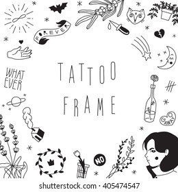 Old school hipster black tattoos vector frame.