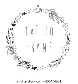 Old school hipster black tattoos vector circle frame.