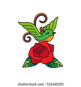 Old school illustration with bird and roses flowers, isolated vector