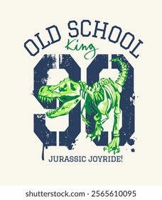 old school king slogan with dinosaur skeleton graphic vector illustration for kid t shirt