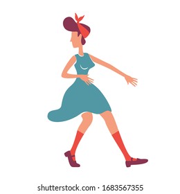 Old school lady in blue dress flat color vector faceless character. Young caucasian girl with 50s hairstyle standing. Retro disco party. Boogie woogie dancer isolated cartoon illustration