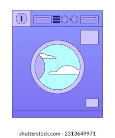 Old school laundromat appliance with cloudy sky flat vector cartoon icon. Editorial, magazine spot illustration. Colorful object isolated on white. Editable 2D simple drawing, graphic design