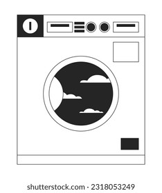 Old school laundromat appliance with cloudy sky line art vector cartoon icon. Editorial, magazine spot illustration black and white. Outline object isolated on white. Editable 2D simple drawing