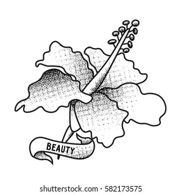 Old school lily tattoo with ribbon and word Beauty. Traditional black dot style. Isolated vector illustration.