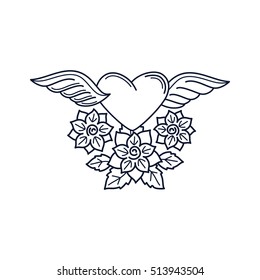 Old school line art tattoo vector element with heart and roses, isolated on white background