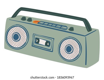 Old school magnetophone with loudspeakers and handle, buttons and cassette. Boombox for playing or recording music on tape, entertainment and disco parties, isolated icon vector in flat style