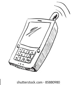Old school mobile phone icon. Hand drawing cartoon sketch 