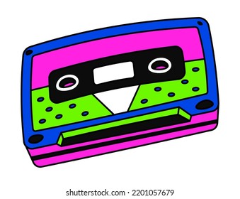 Old school music cassette with songs and audio. Isolated retro item for entertainment and fun. 1990s sticker or emoticon, plastic object for magnetophone playing tracks. Vector in flat style