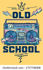 Old school - music design, funky colorful drawn boom box tape recorder