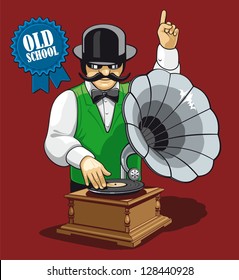 Old school music. Humorous illustration of the modern DJ with equipment and clothing in the early twentieth century.