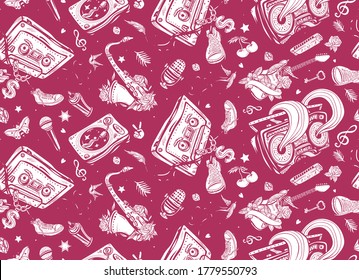 Old school music. Seamless pattern. Audio cassette dances break dance. Hip hop art. Musical street culture. Boom box, vinyl, microphone, saxophone and guitar. Funny background 