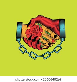 old school and neo trad colorful tattoo illustration of handshake between man and handcuffed devil