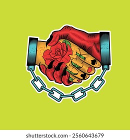 old school and neo trad colorful tattoo illustration of handshake between man and handcuffed devil with white sticker border