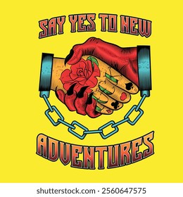 old school and neo trad colorful tattoo illustration of handshake between man and handcuffed devil with white sticker border, with lettering say yes to new adventures