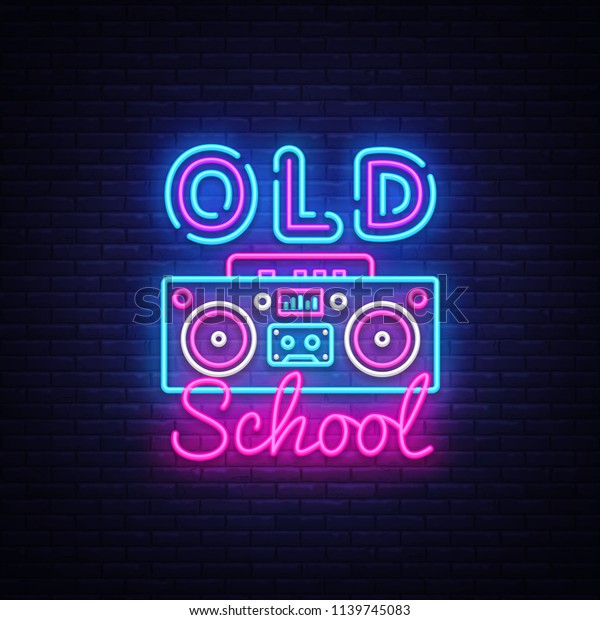 Old School neon sign vector. Retro Music Design\
template neon sign, Retro Style 80-90s, celebration light banner,\
tape recorder neon signboard, nightly bright advertising, light\
inscription. Vector