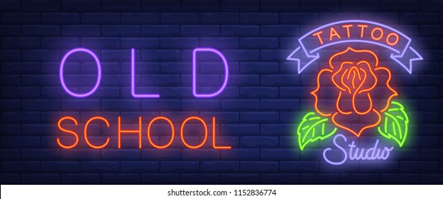 Old school neon text with rose. Tattoo salon or studio concept. Advertisement design. Night bright neon sign, colorful billboard, light banner. Vector illustration in neon style.