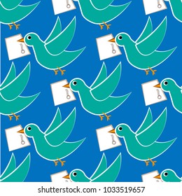 old school pattern with birds and letters. Bird delivers a message, seamless pattern