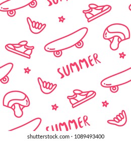 Old school pattern with skateboard, helmet, sneakers, hand and text on white background. Ornament for textile and wrapping. Vector.