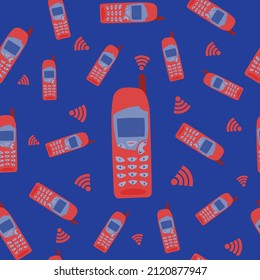 An Old School Phone Seamless Repeating Pattern Vector Design With Colors Of Blue And Cinnabar