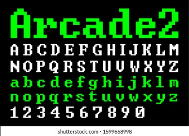 Old school Pixel Arcade Font (Vector Typeface). Flat geometric digital computer game style typography. Uppercase, Lowercase and Numbers.
